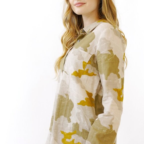 MYSTREE Camo Button Down Shirt, Neutral Olive Beige Lightweight Top, Oversized - Picture 4 of 6